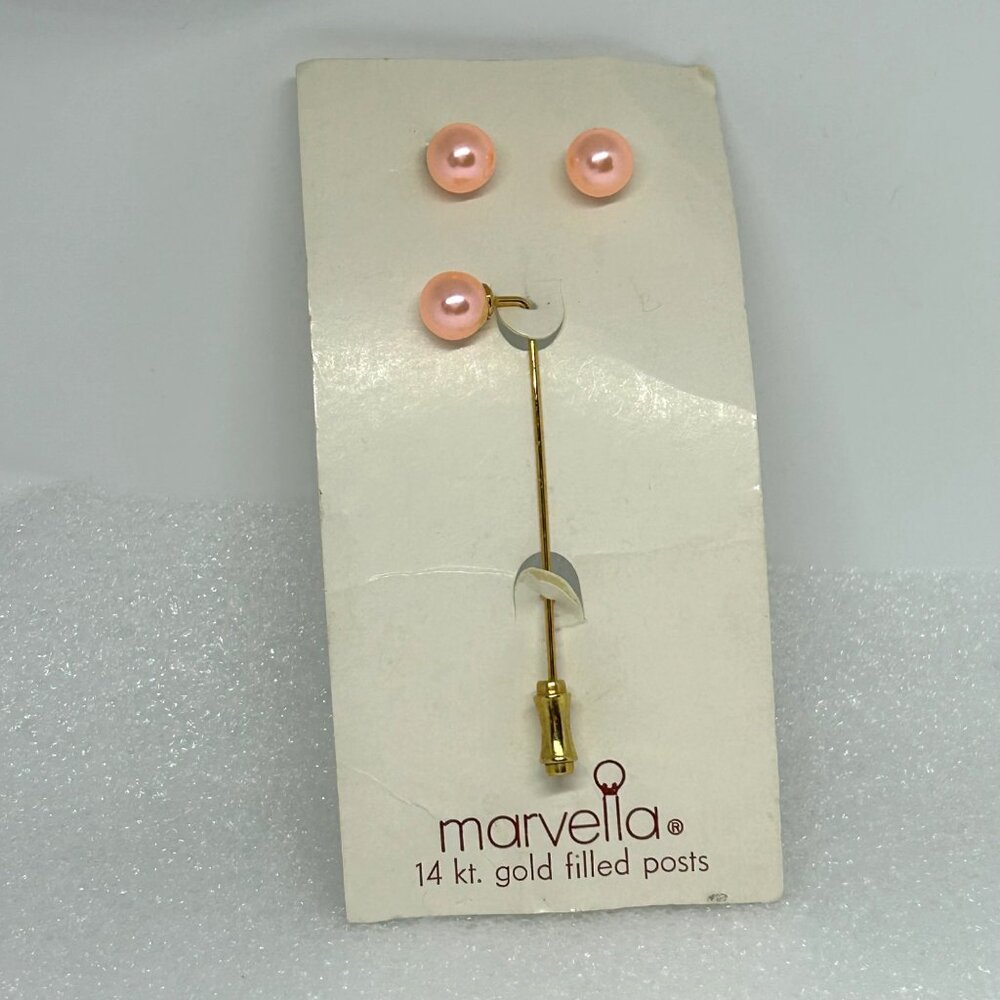 Vintage Marvella Stickpin & Earrings Peach Faux Pearl 14 Kt Gold Filled Posts